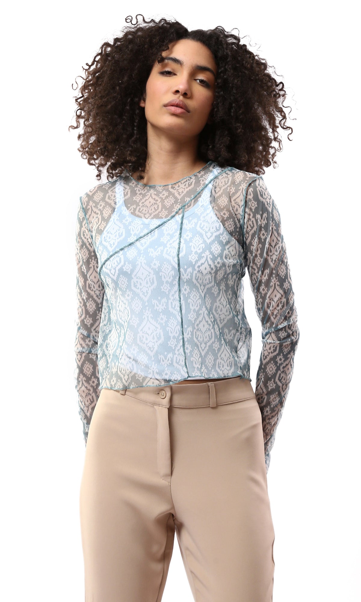 Blue Ikat Print Mesh Long Sleeve Top with Exposed Seams - 0178304