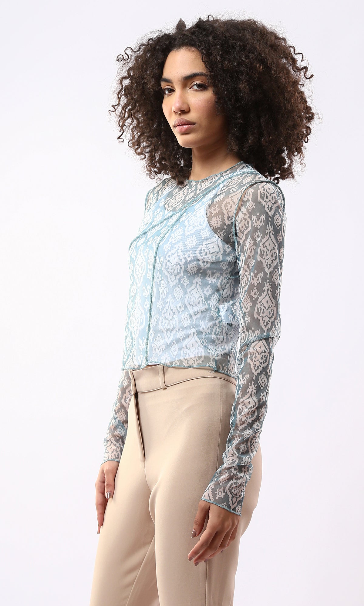 Blue Ikat Print Mesh Long Sleeve Top with Exposed Seams - 0178304