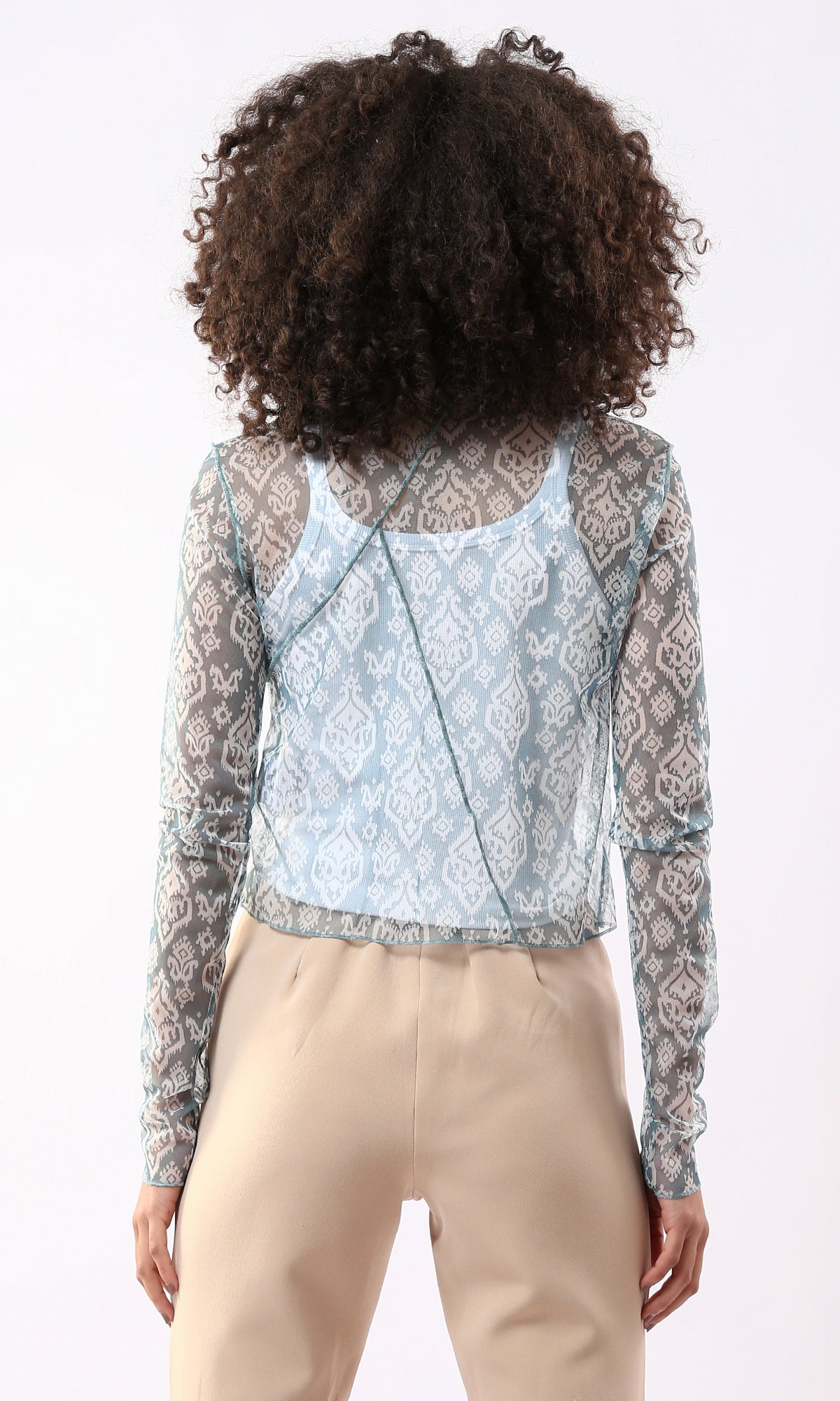 Blue Ikat Print Mesh Long Sleeve Top with Exposed Seams - 0178304
