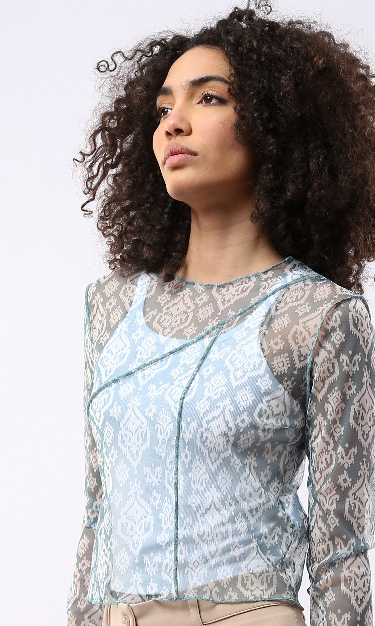Blue Ikat Print Mesh Long Sleeve Top with Exposed Seams - 0178304
