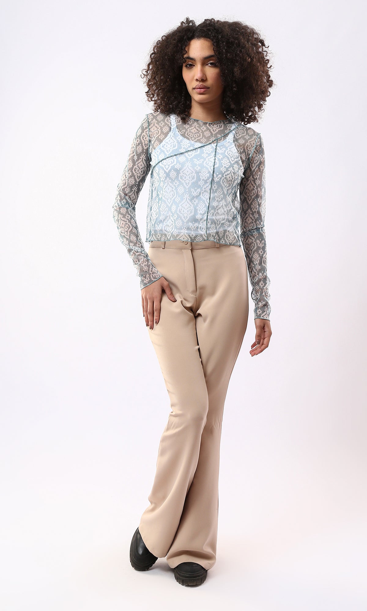 Blue Ikat Print Mesh Long Sleeve Top with Exposed Seams - 0178304