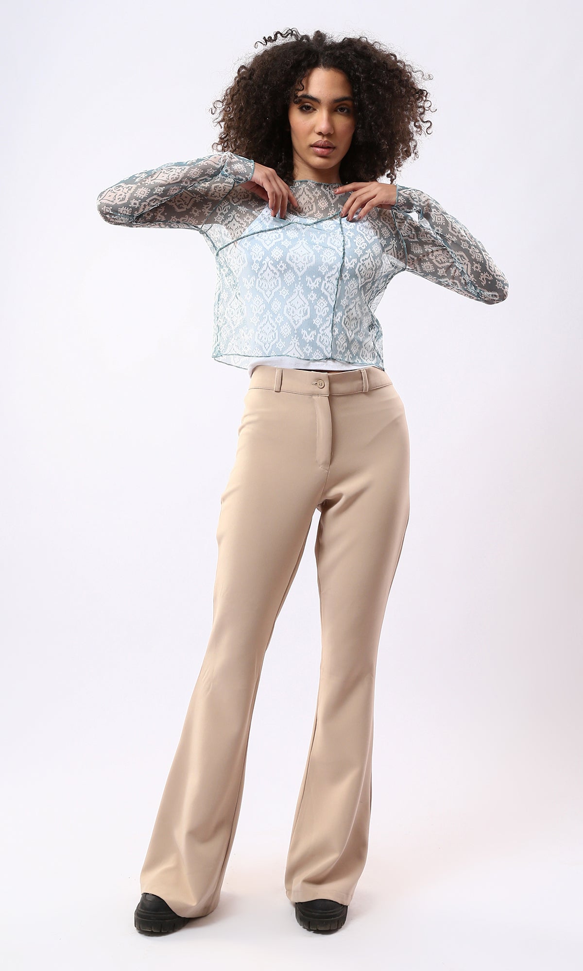 Blue Ikat Print Mesh Long Sleeve Top with Exposed Seams - 0178304