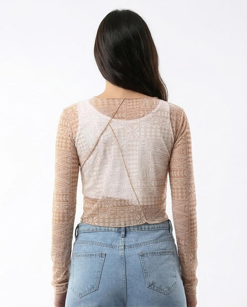 RAVIN Women's Geometric Print Mesh Long Sleeve Crop Top - Tan - O178305