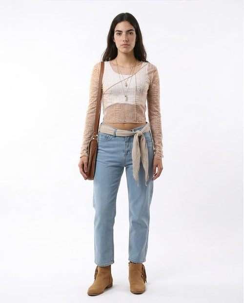 RAVIN Women's Geometric Print Mesh Long Sleeve Crop Top - Tan - O178305