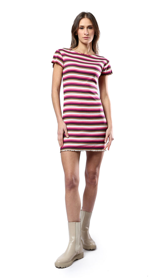 O178311 Short Sleeves Multicolour Striped Short Dress