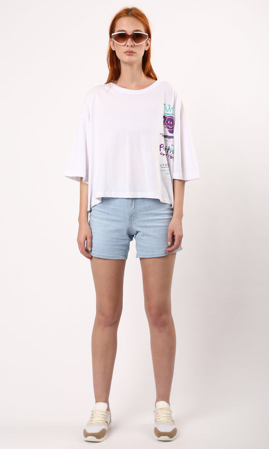 O178363 Printed Relaxed Fit White Tee With Elbow Sleeves