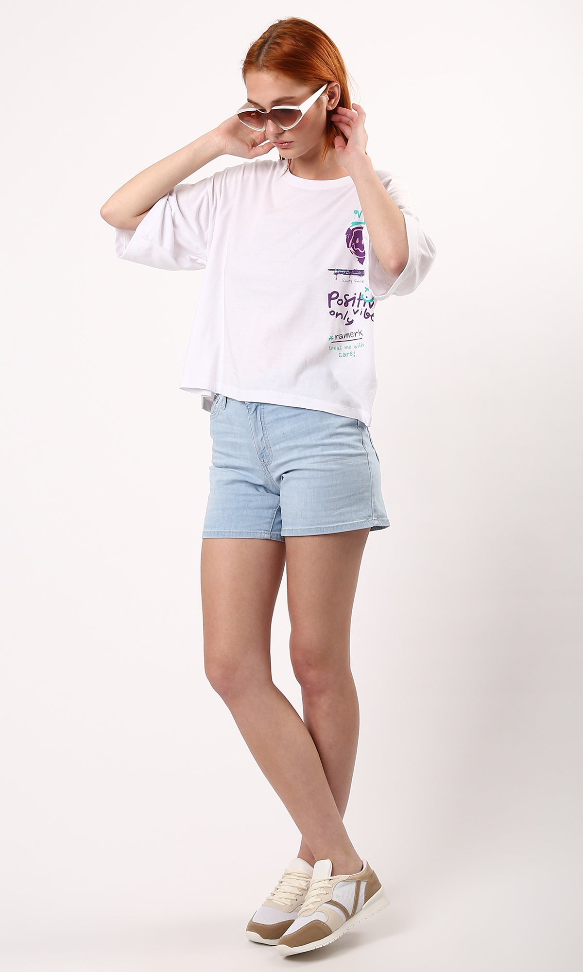O178363 Printed Relaxed Fit White Tee With Elbow Sleeves