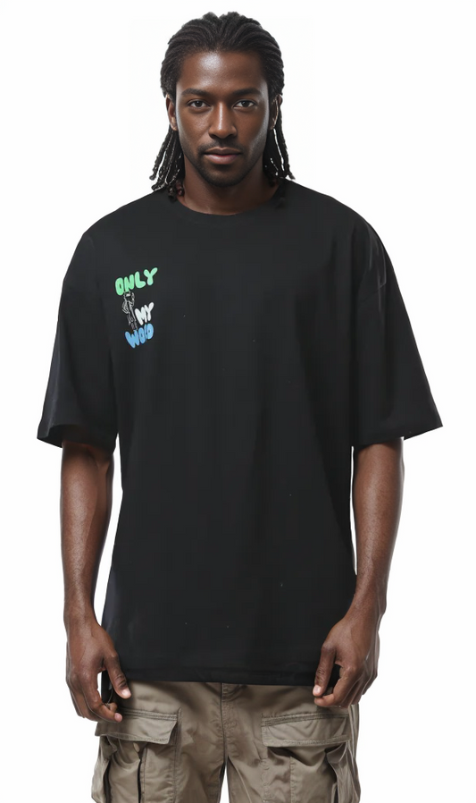 O178393 Printed "Only My World" Black Tee With Elbow Sleeves