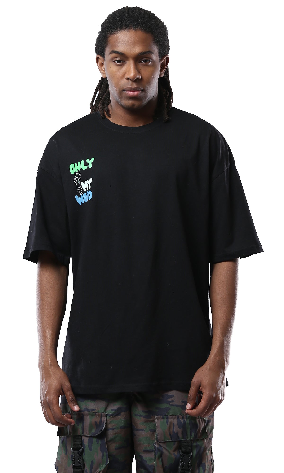 O178393 Printed "Only My World" Black Tee With Elbow Sleeves
