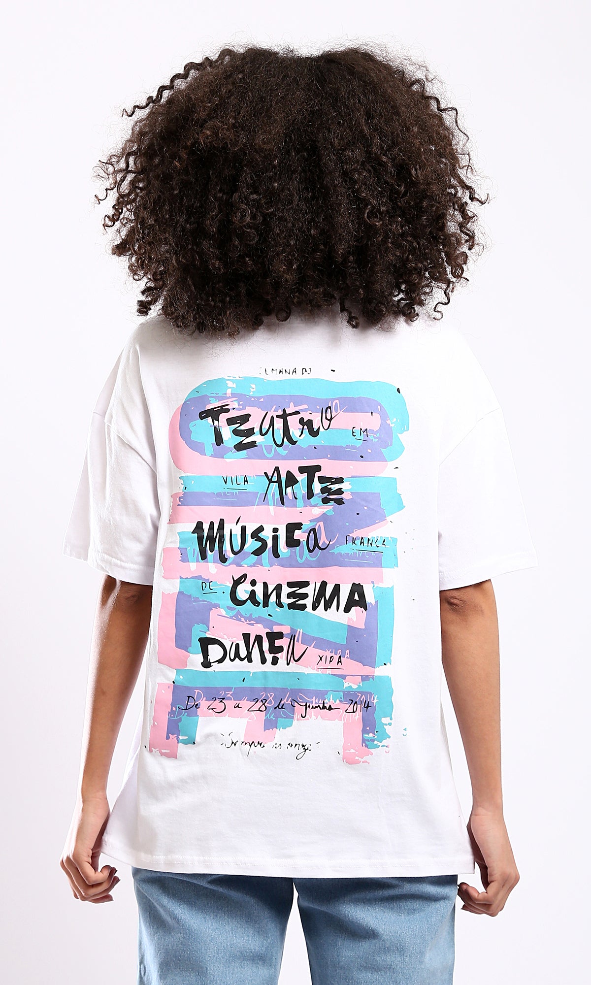 O178405 White Front Print & Back Cotton Casual Tee