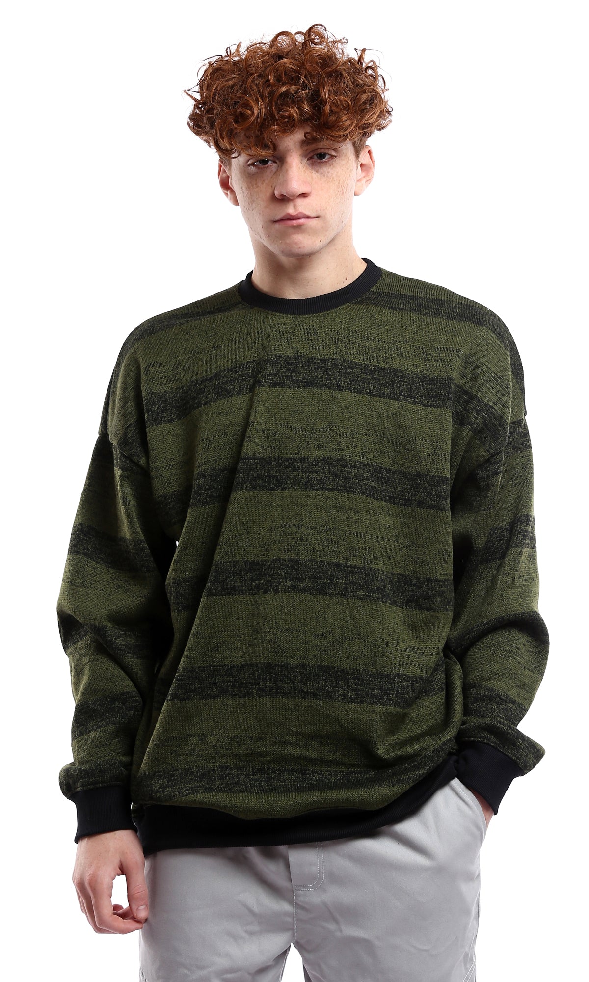 O178413 Striped Black & Olive Coziness Slip On Sweatshirt