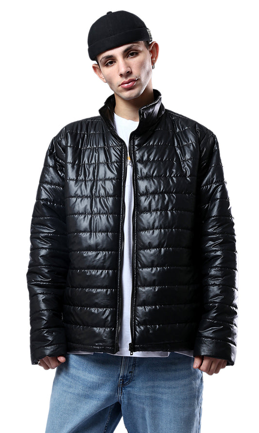 O178466 Long Sleeves Black Quilted Puffer Jacket