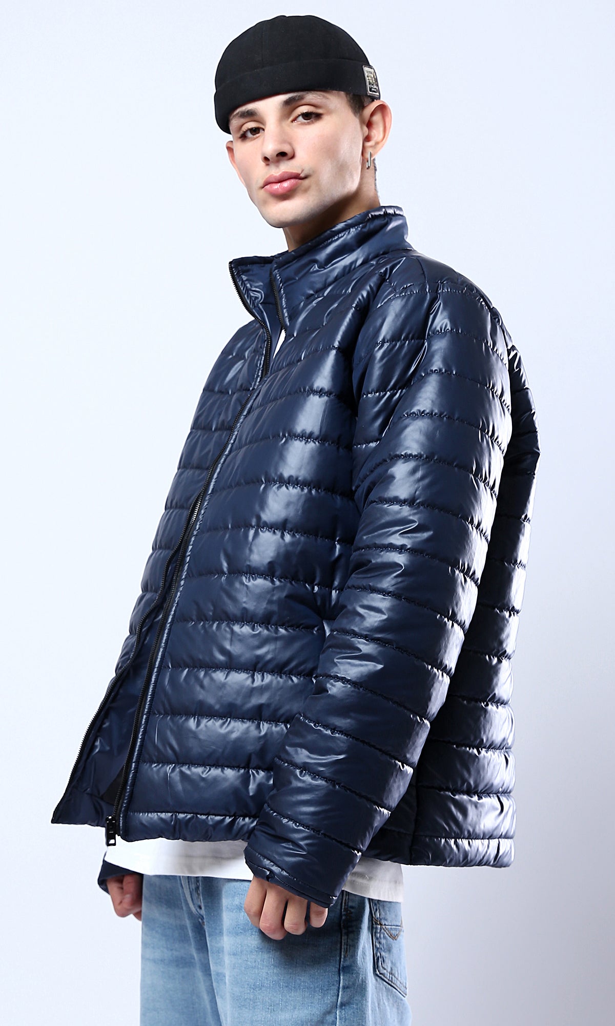 O178467 Navy Blue Quilted Puffer Jacket With Side Pockets
