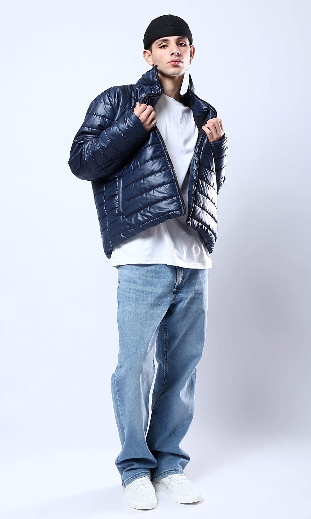 O178467 Navy Blue Quilted Puffer Jacket With Side Pockets