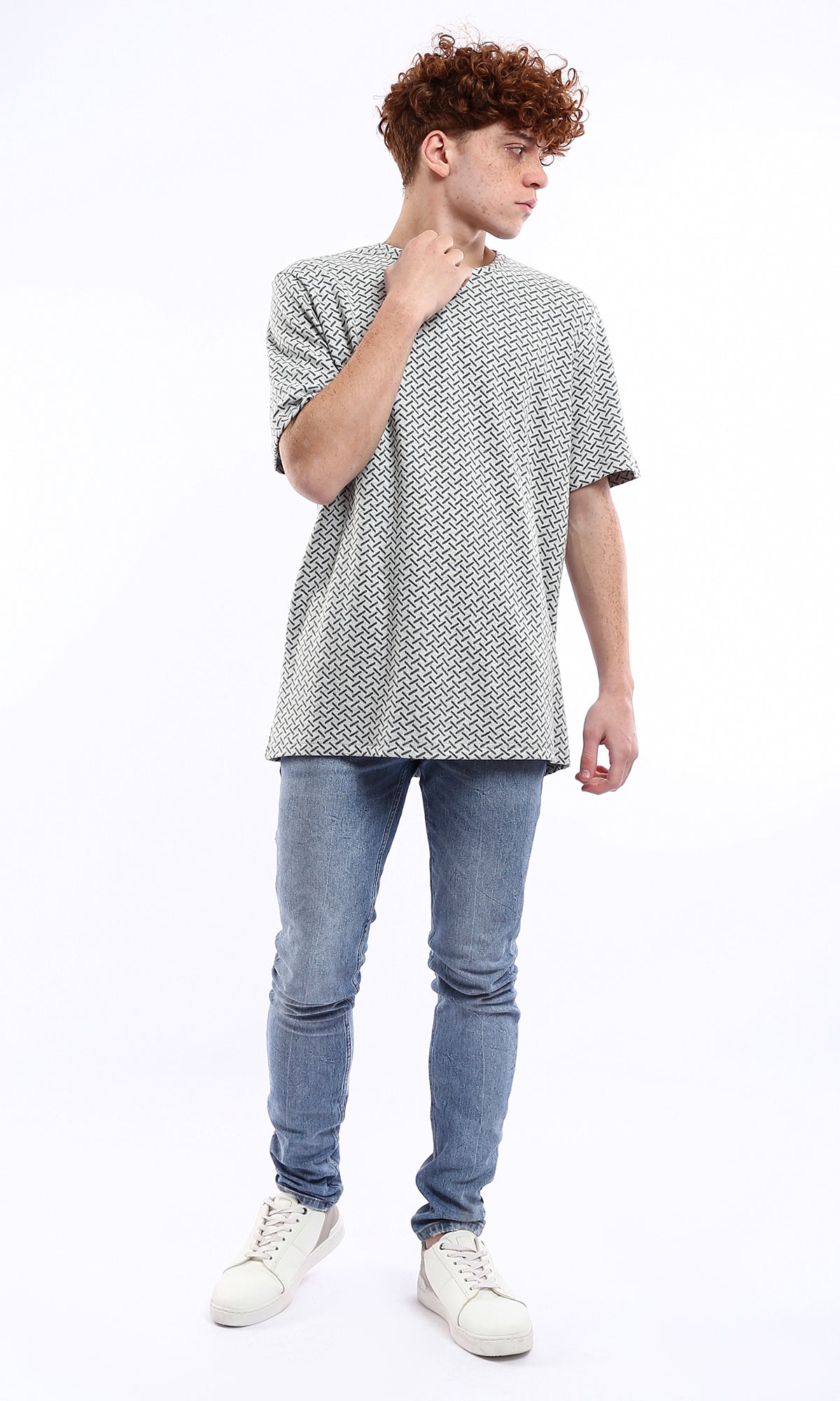 O178555 Medium-Weight Patterned Grey Casual Tee