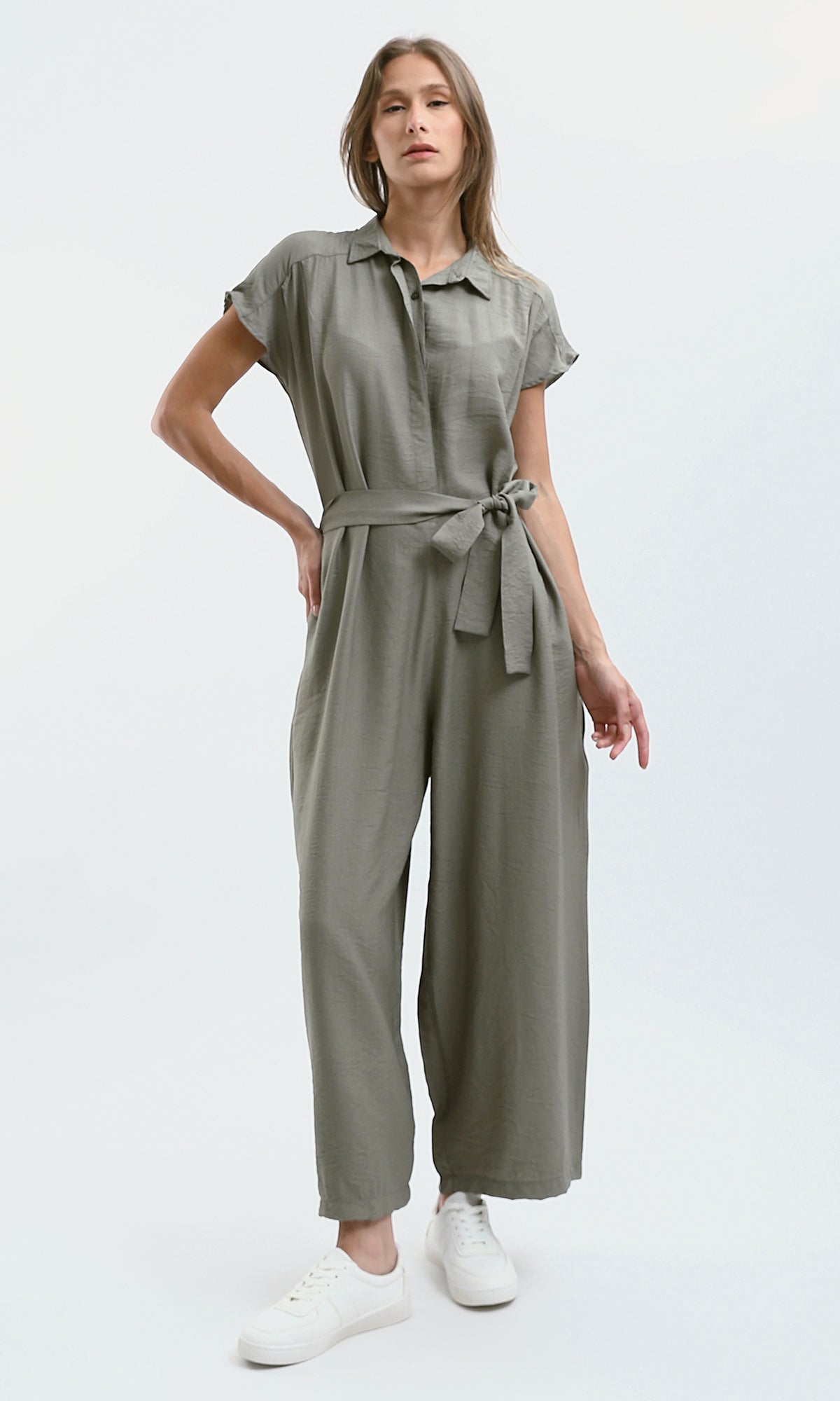 O178606 Dark Mint Summer Jumpsuit With Classic Collar