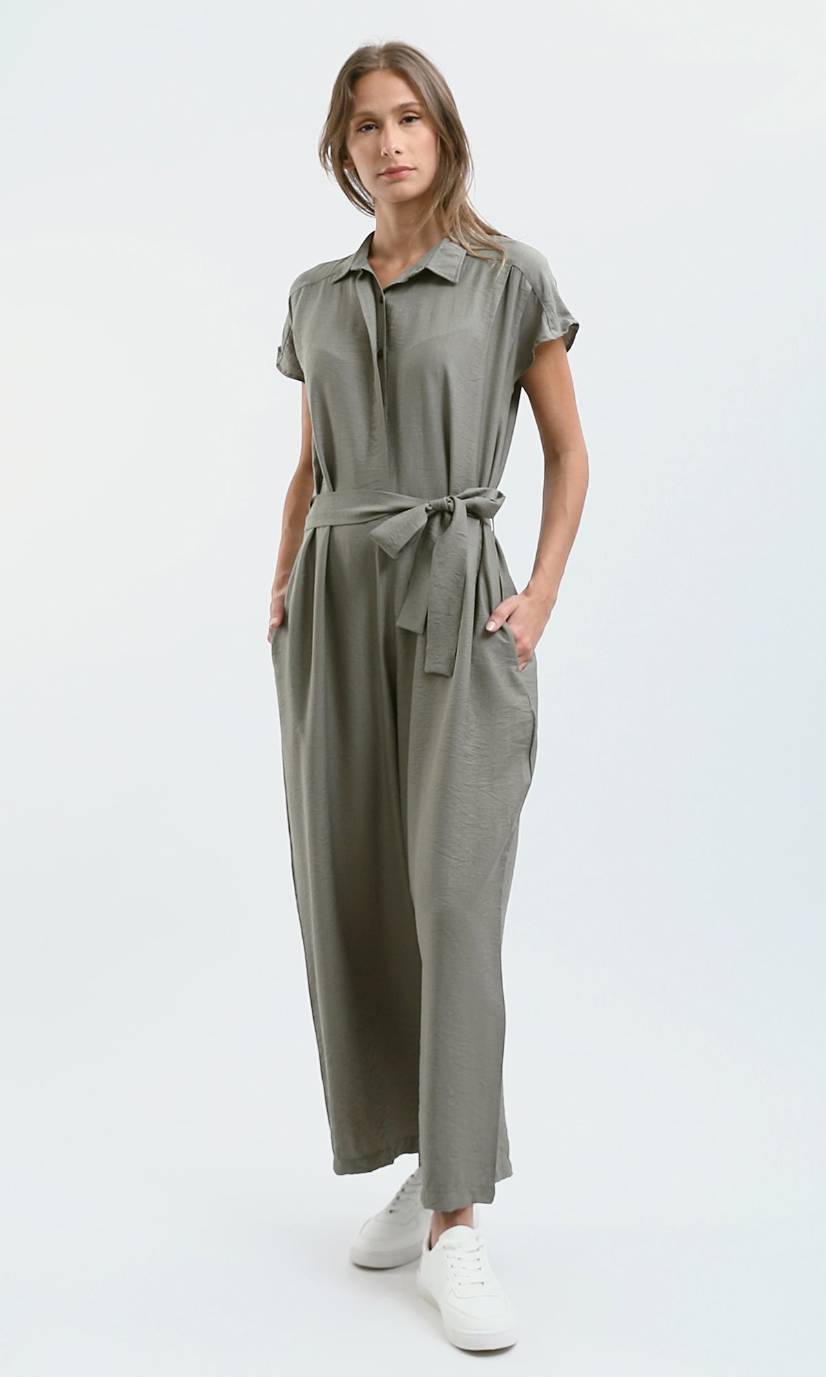 O178606 Dark Mint Summer Jumpsuit With Classic Collar