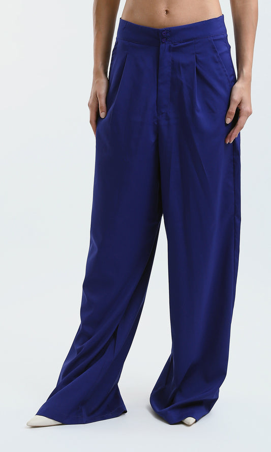 O178607 Royal Blue Stylish Wide Leg Pants With Two Buttons