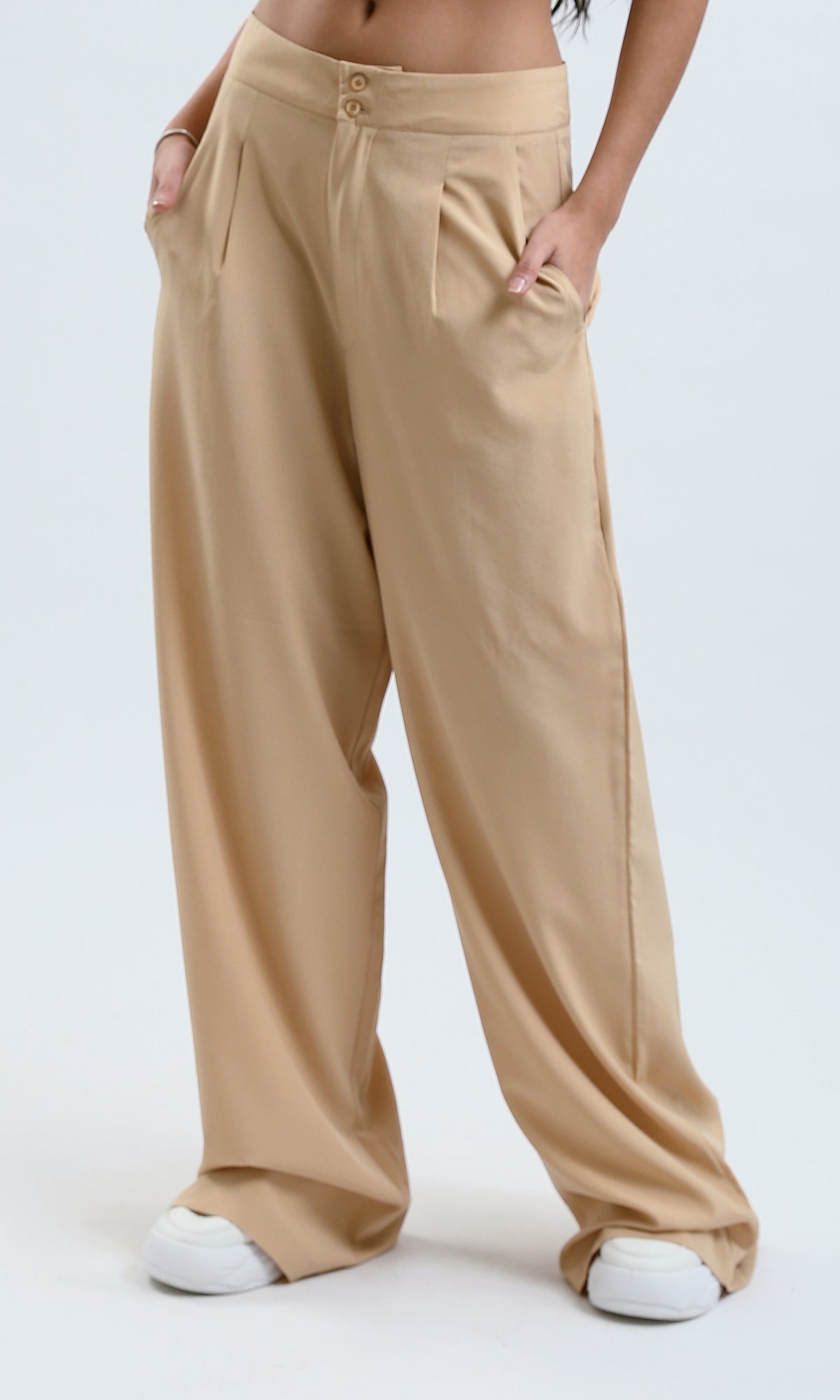 O178608 Solid Wide Leg Dark Beige Casual Pants 