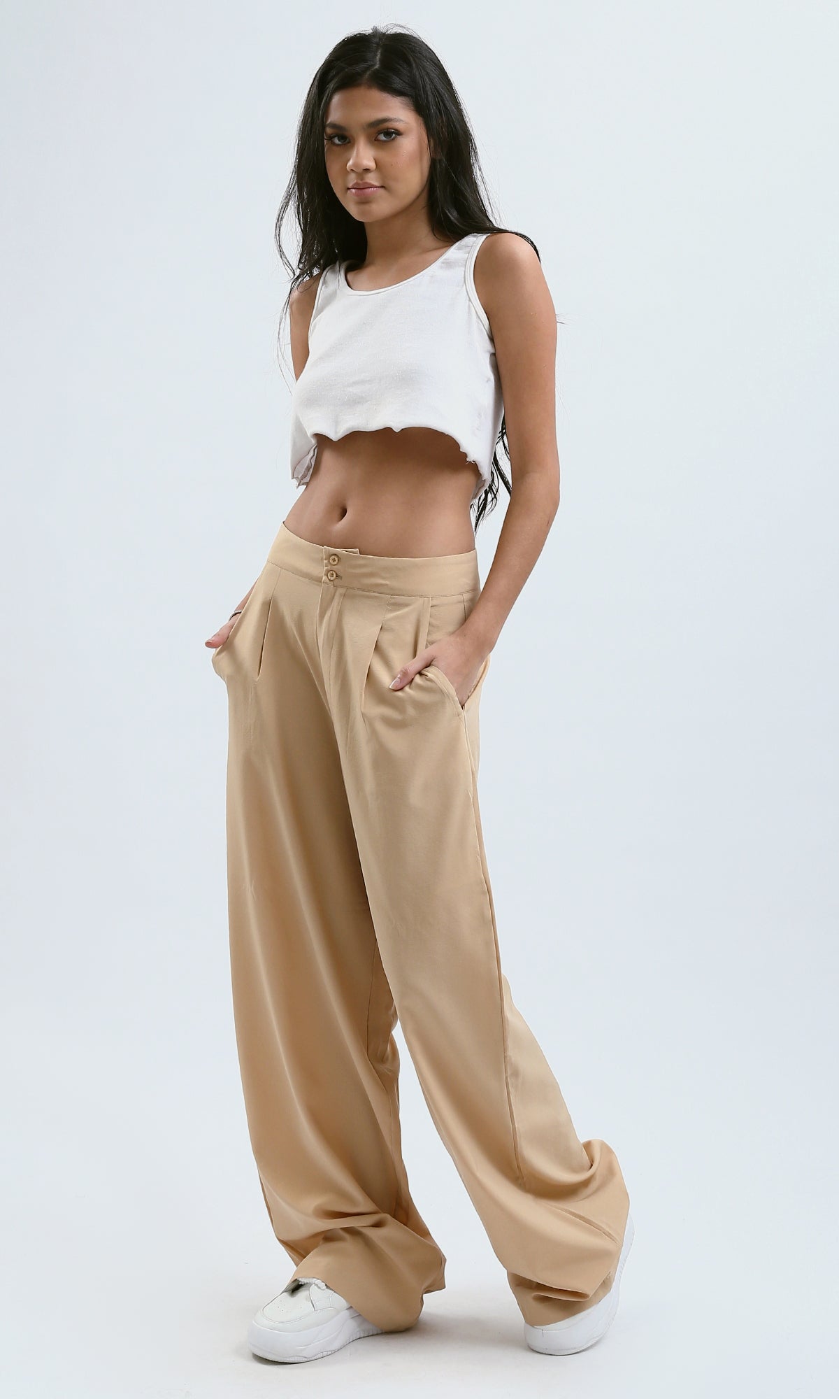 O178608 Solid Wide Leg Dark Beige Casual Pants 