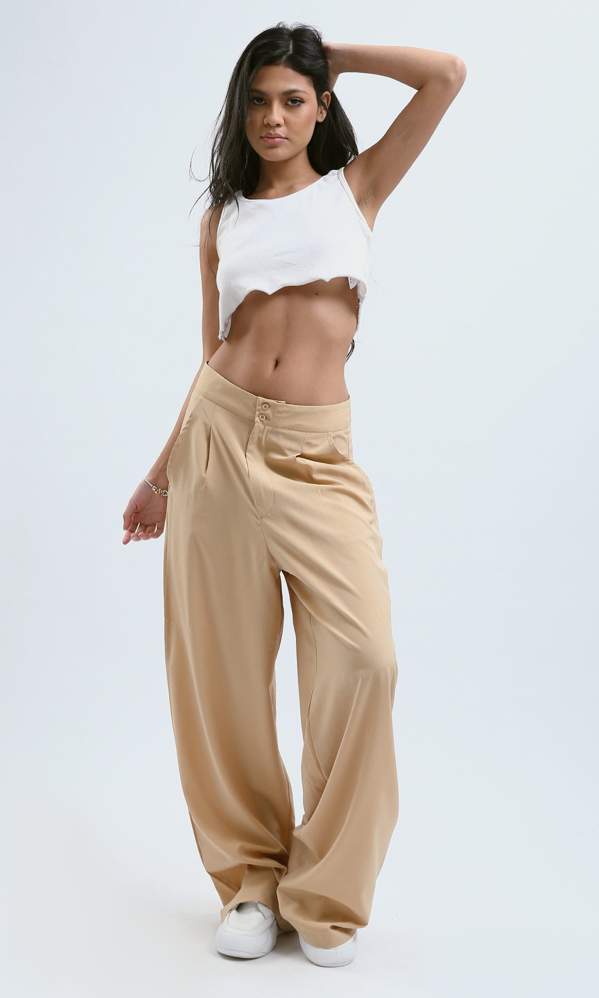 O178608 Solid Wide Leg Dark Beige Casual Pants 