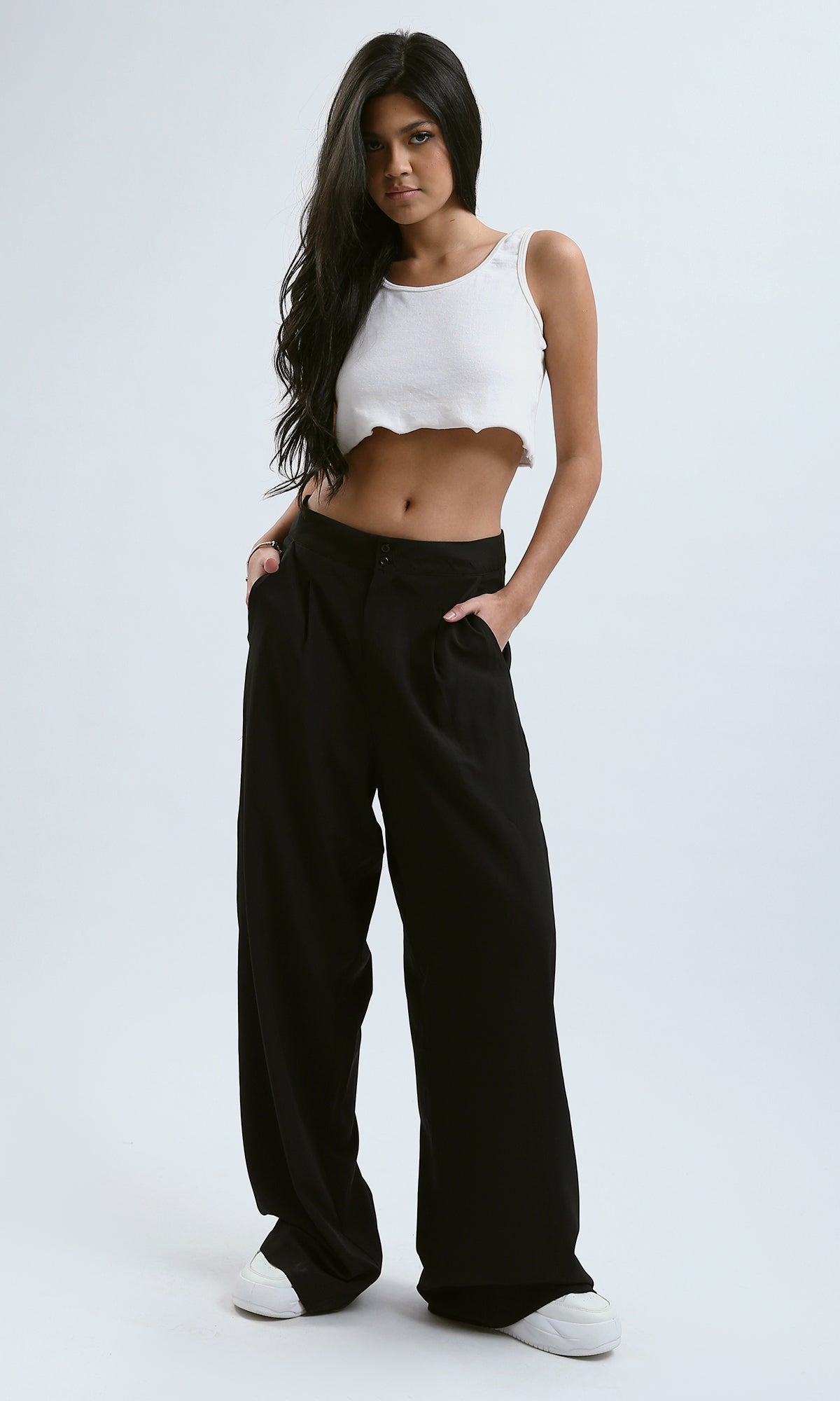 O178609 Black Casual Wide Leg Pants With Pockets