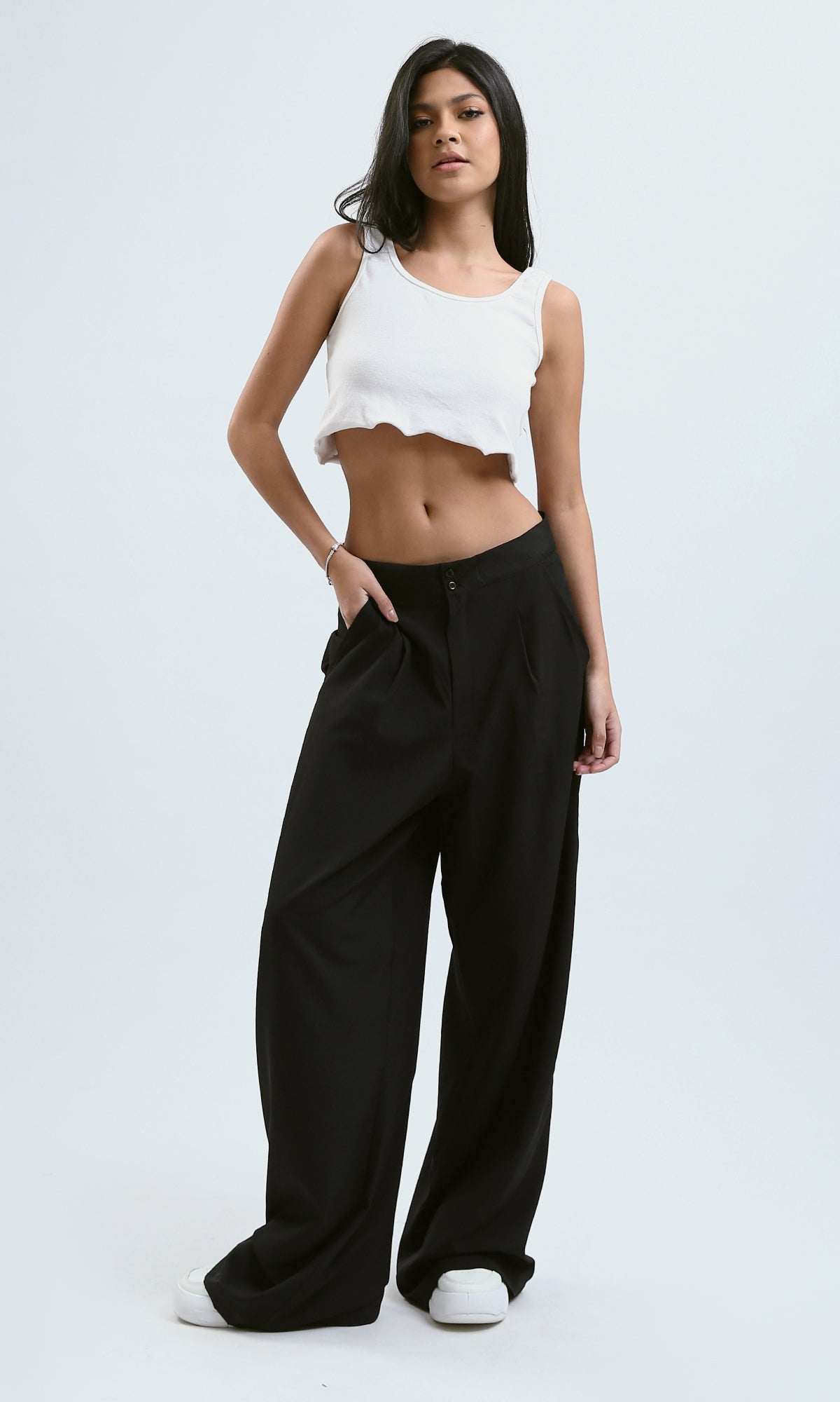 O178609 Black Casual Wide Leg Pants With Pockets
