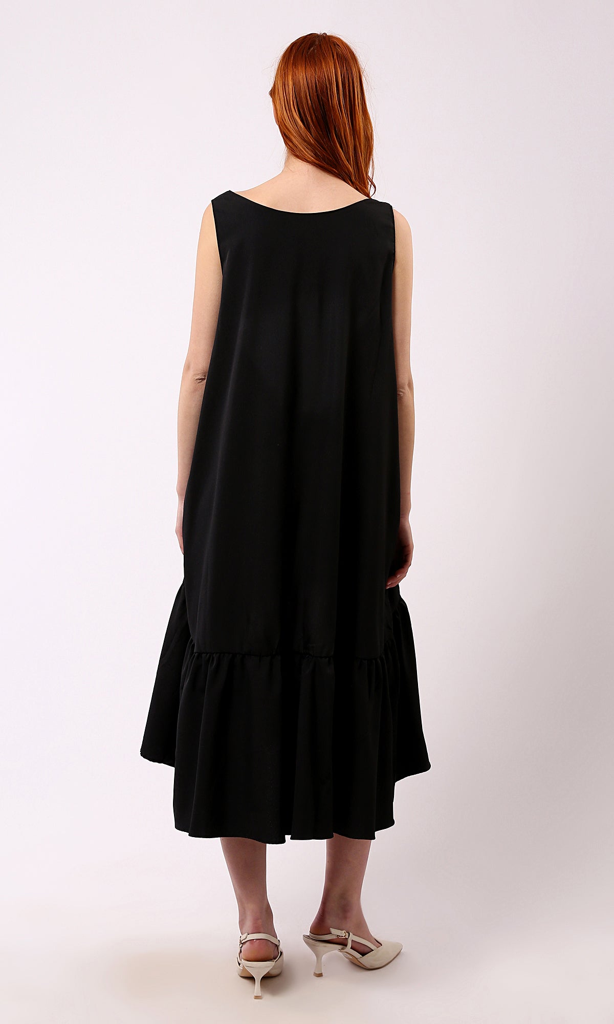O178610 Black Deep Round Feminine Dress With Ruffle Trim