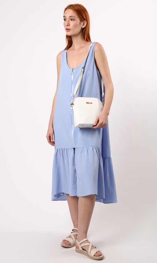 O178611 Light Blue Solid Loose Dress With Ruffle Trim