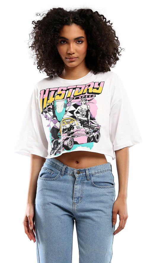 O178789 Elbow-Sleeves White Tee With "History" Front Print