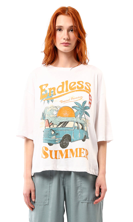 O178794 Printed "Endless Summer" Elbow Sleeves White Tee