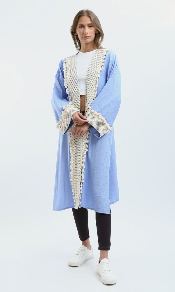 O178806 Crochet Neckline Baby Blue Summer Cardigan