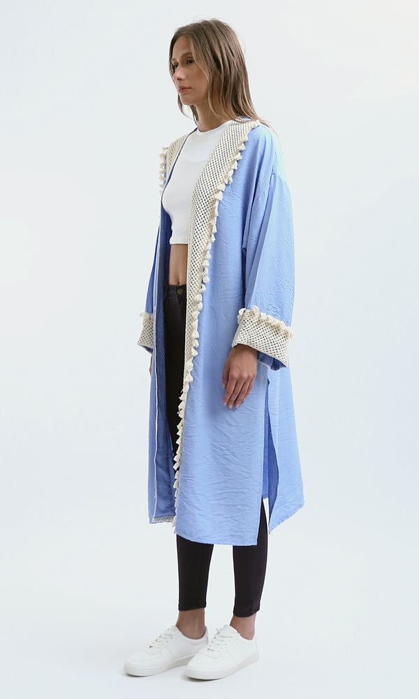 O178806 Crochet Neckline Baby Blue Summer Cardigan