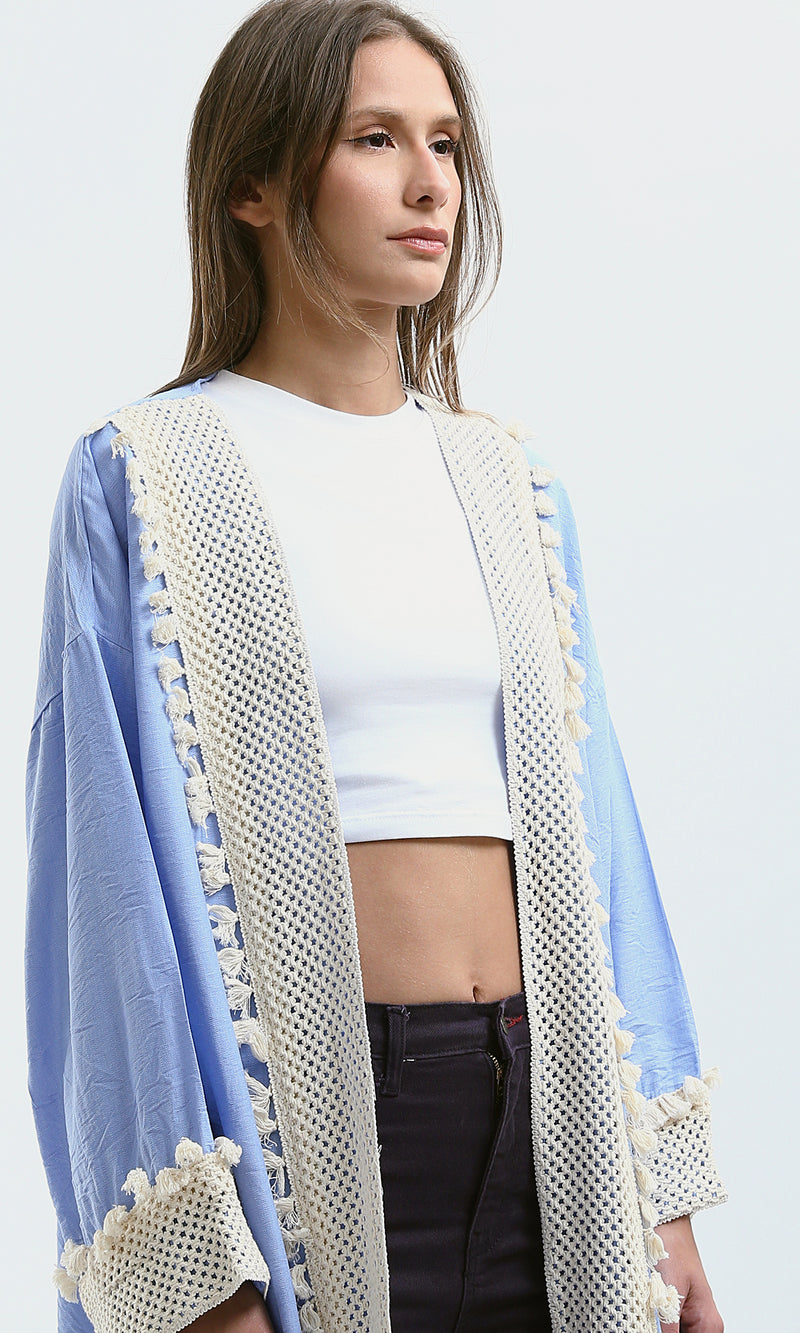 O178806 Crochet Neckline Baby Blue Summer Cardigan