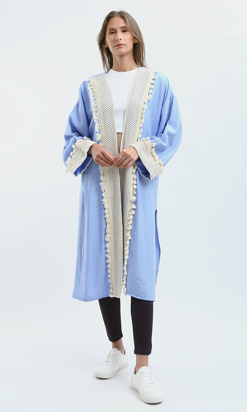 O178806 Crochet Neckline Baby Blue Summer Cardigan