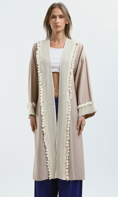 Boho-Chic Longline Coffee Cardigan with Tassel Trim - O178809