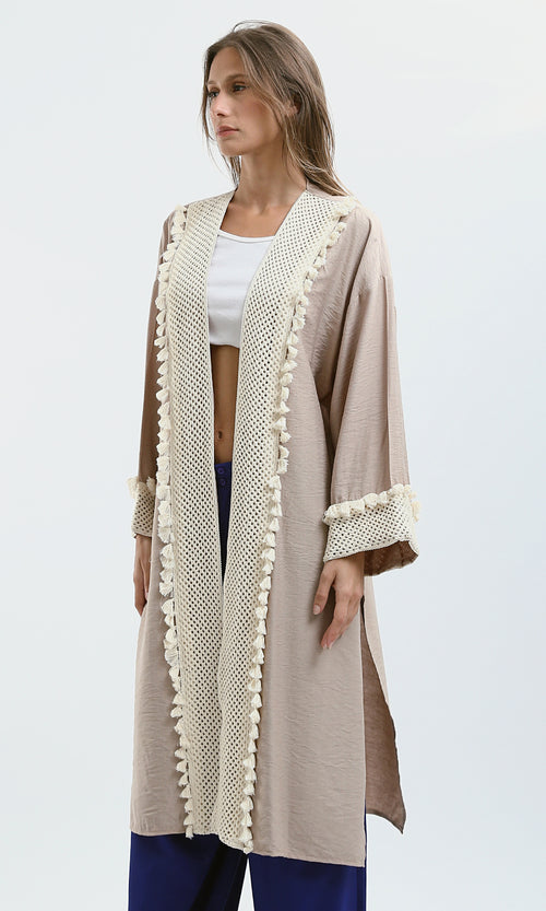 Boho-Chic Longline Coffee Cardigan with Tassel Trim - O178809