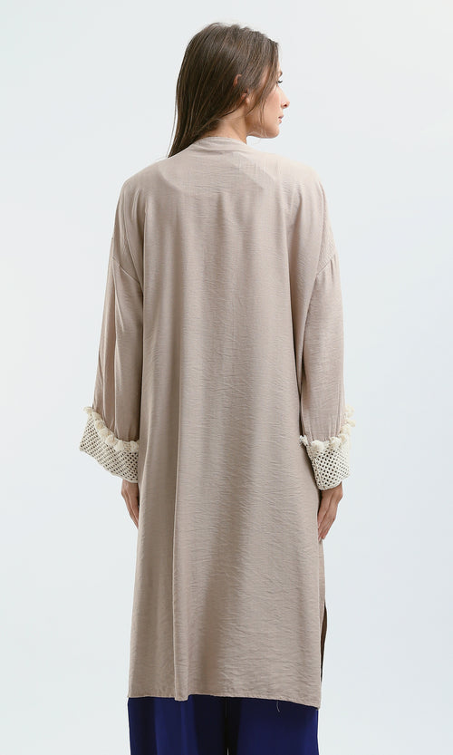 Boho-Chic Longline Coffee Cardigan with Tassel Trim - O178809