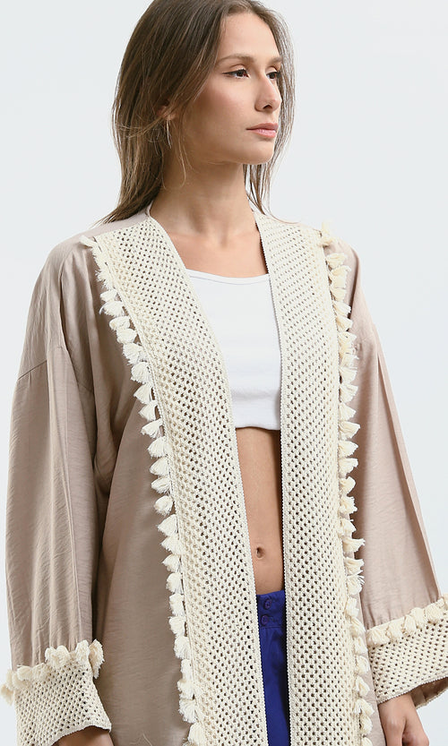 Boho-Chic Longline Coffee Cardigan with Tassel Trim - O178809