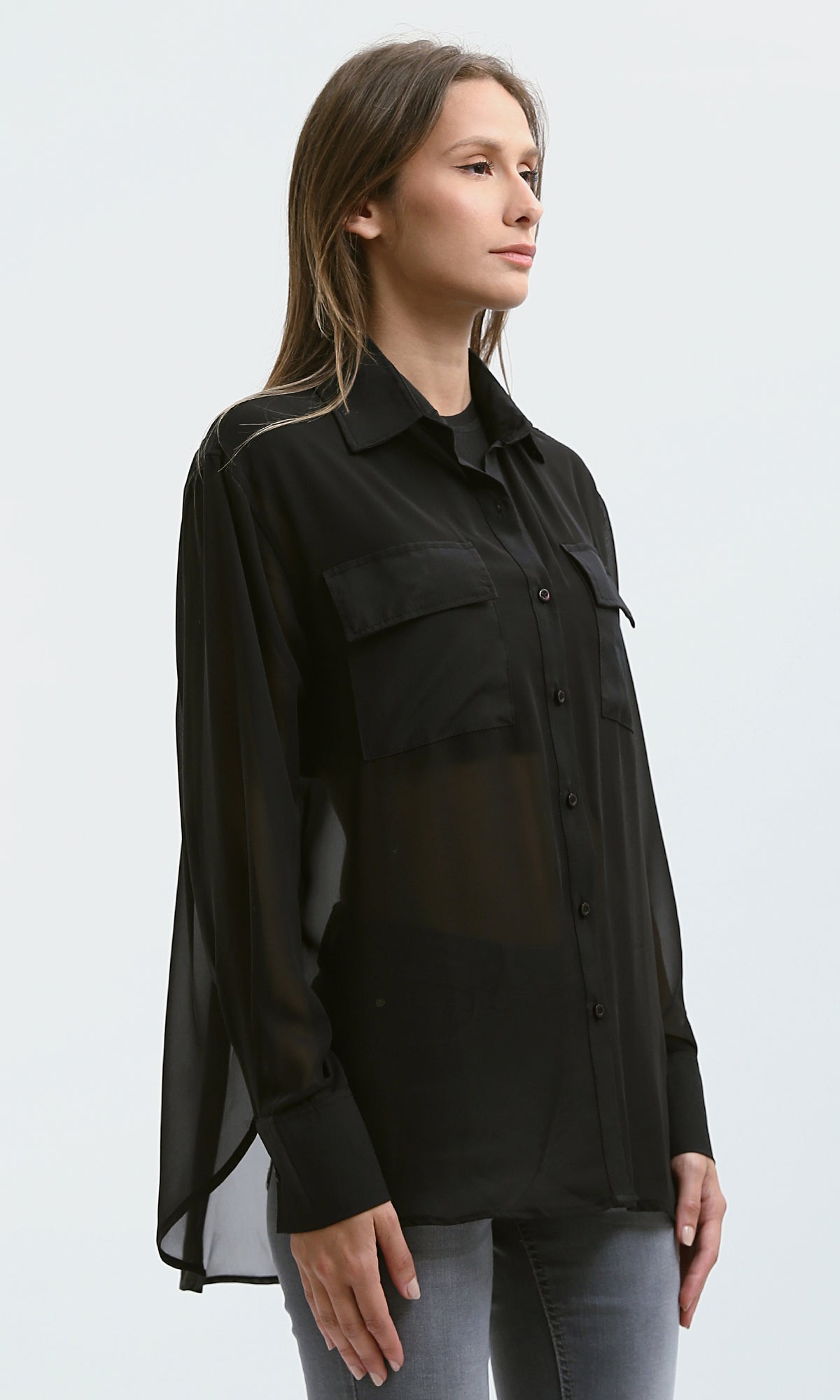 O178815 Summer Black Sheer Shirt With Front Pockets