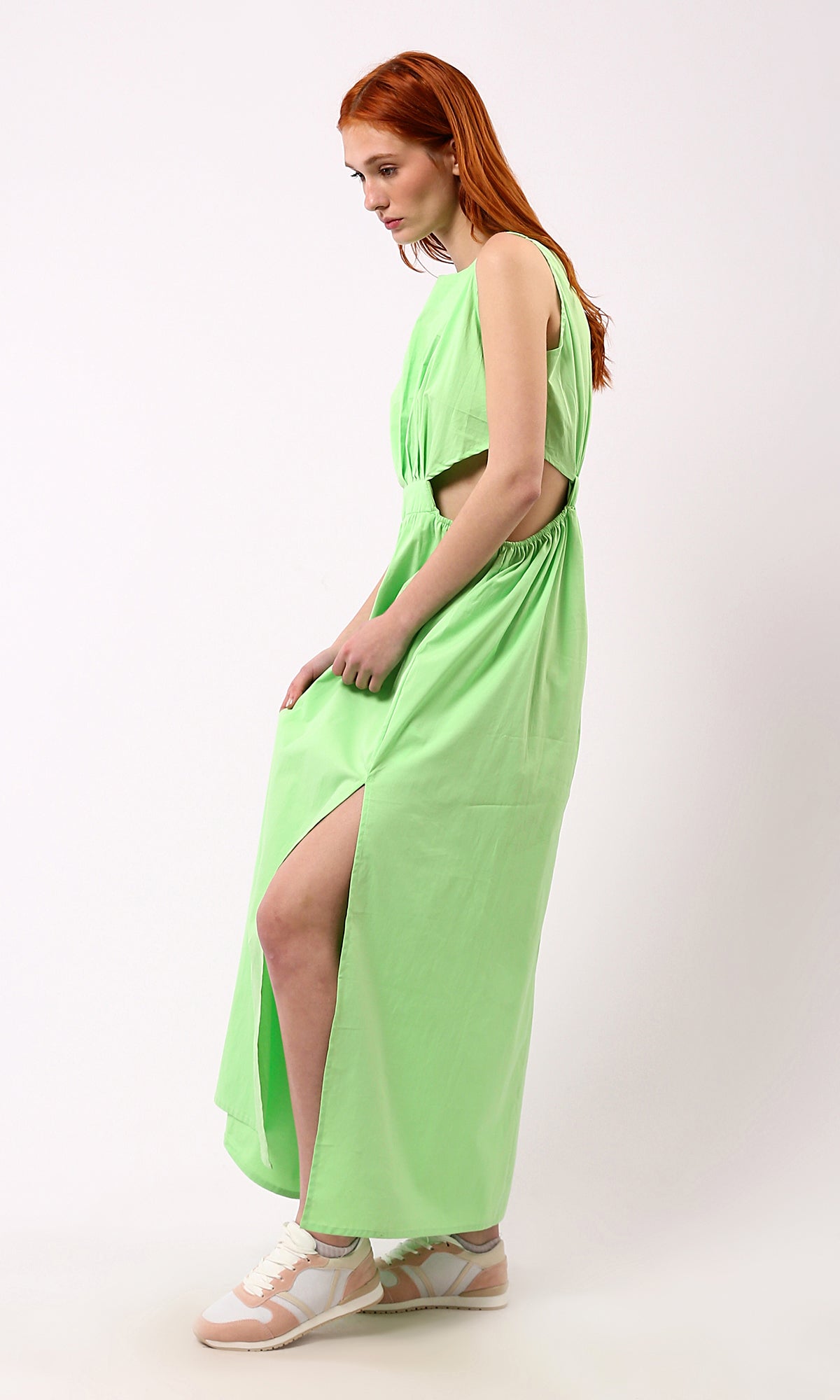 O178816 Sleeveless Light Green Solid Maxi Dress