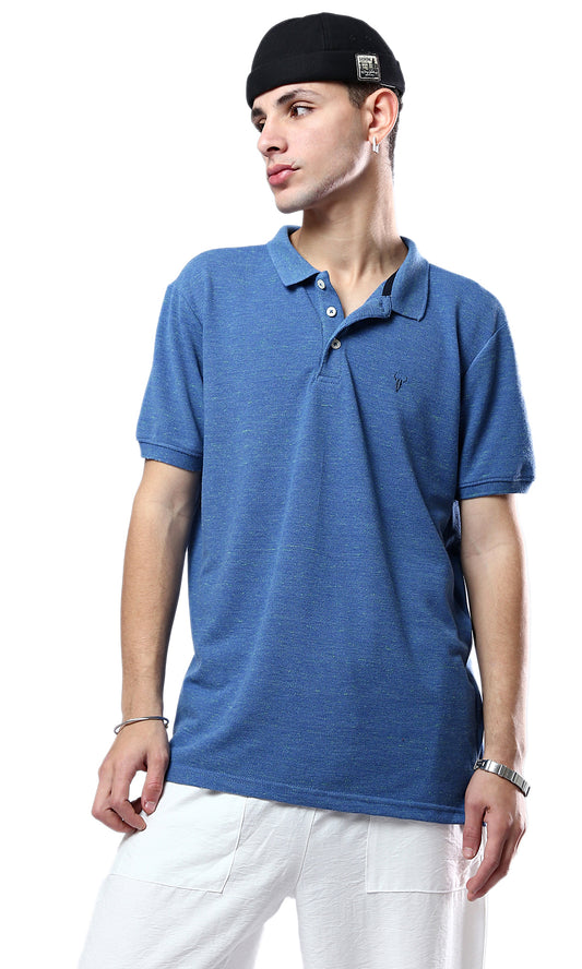 O178887 Buttoned Neck Casual Polo Shirt - Heather Dark Blue