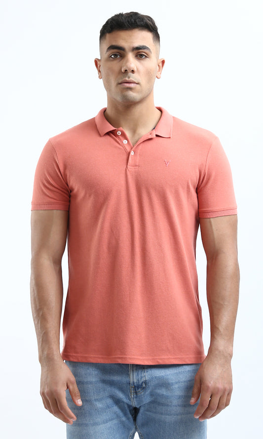 O178894 Coral Orange Casual Polo Shirt With Classic Collar