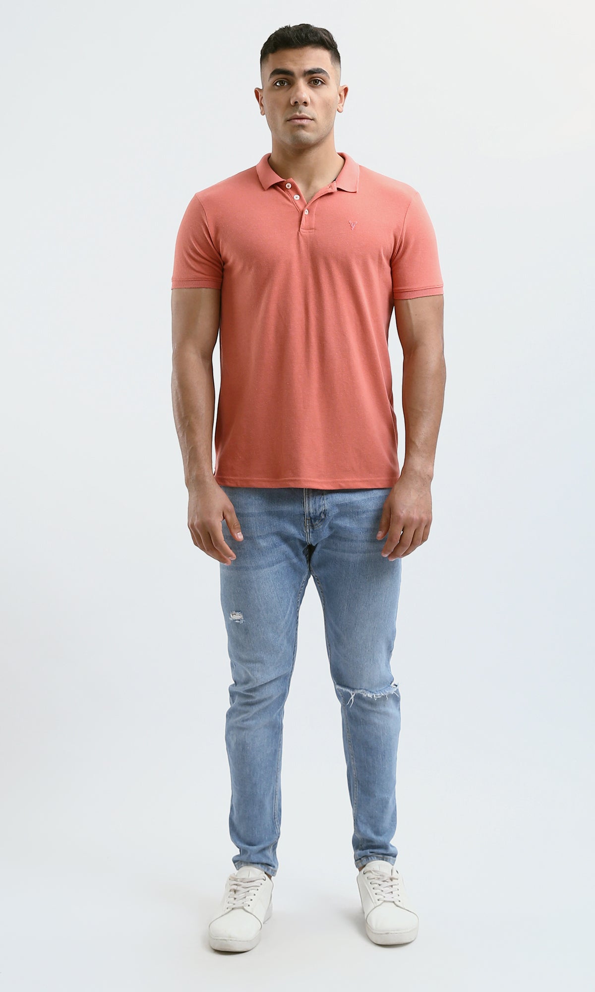 O178894 Coral Orange Casual Polo Shirt With Classic Collar