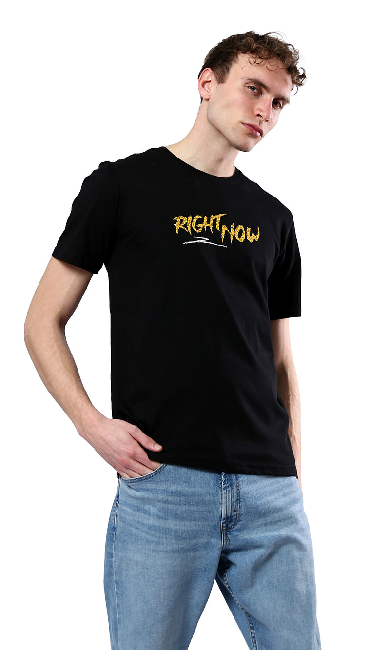 O178911 Printed "Right Now" Black Casual Tee