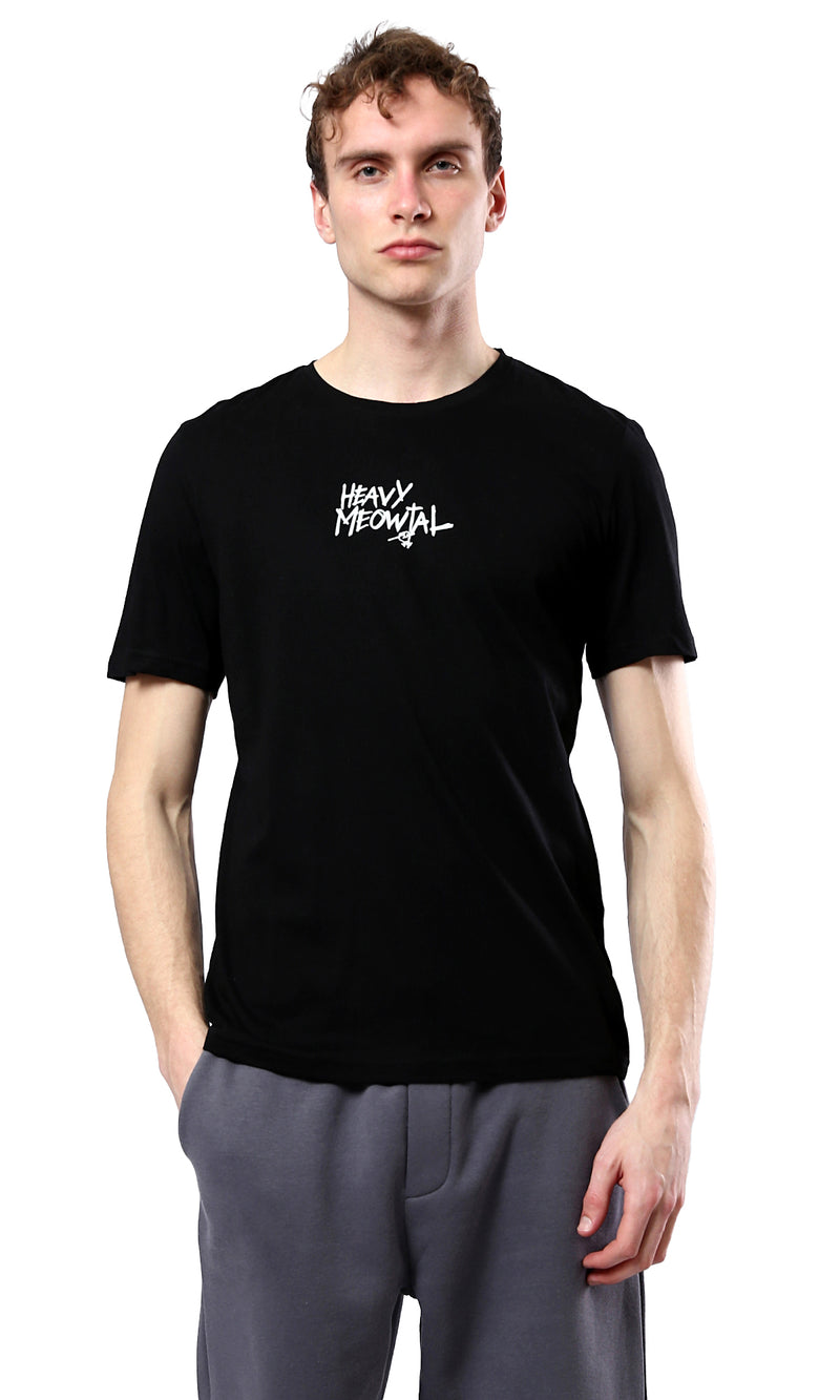O178920 "Heavy Meowtal" Round Neck Slip On Black Tee