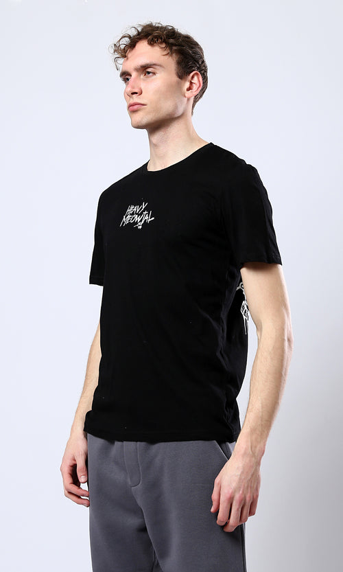 O178920 "Heavy Meowtal" Round Neck Slip On Black Tee