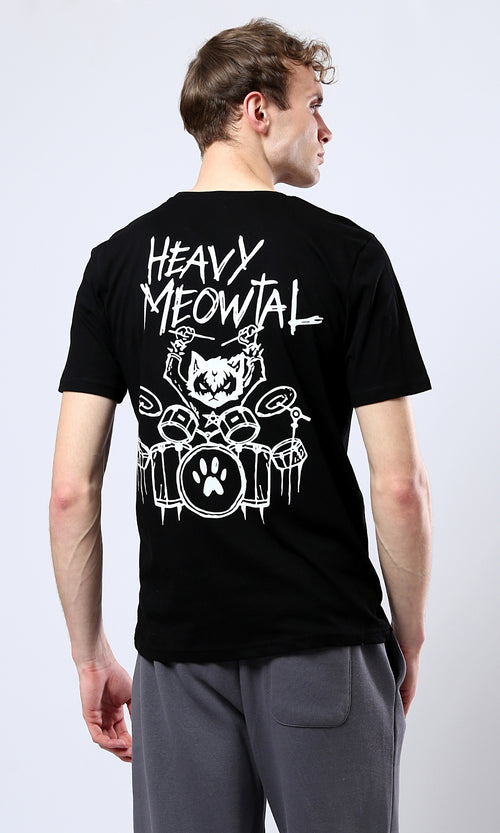 O178920 "Heavy Meowtal" Round Neck Slip On Black Tee