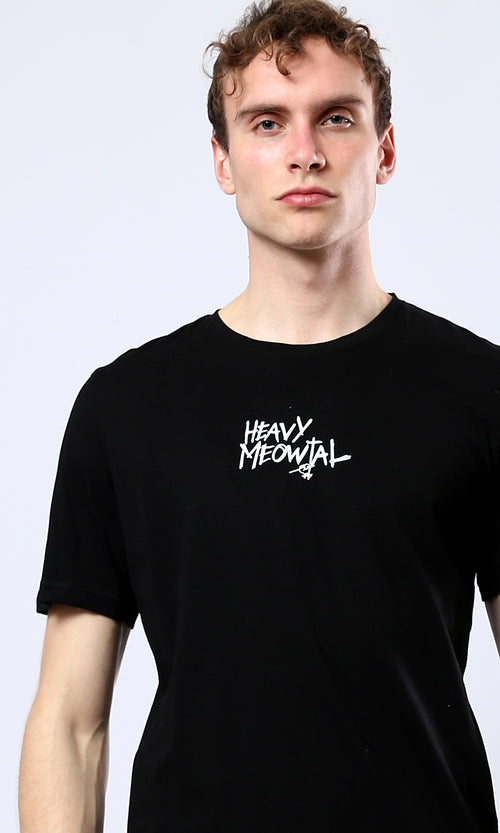 O178920 "Heavy Meowtal" Round Neck Slip On Black Tee