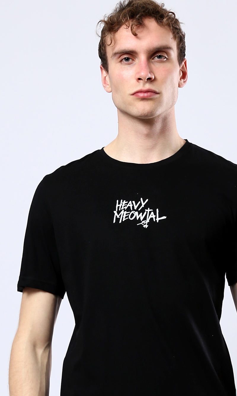 O178920 "Heavy Meowtal" Round Neck Slip On Black Tee
